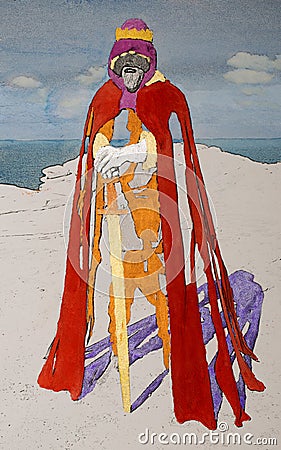 Aquarel Painting of the Statue of King Arthur in Tintagel, GB Stock Photo