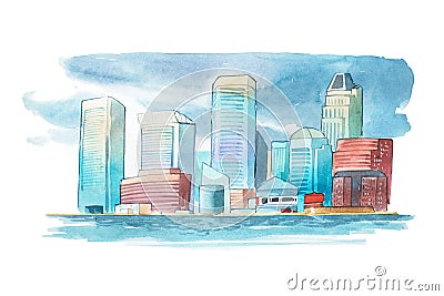 Aquarelle cityscape with houses and buildings watercolor illustration Cartoon Illustration