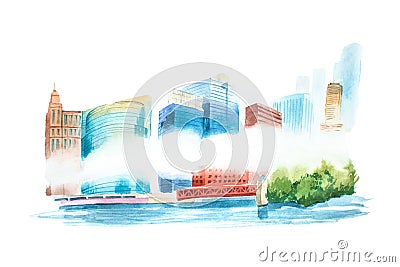 Aquarelle cityscape with houses and buildings watercolor illustration. Cartoon Illustration