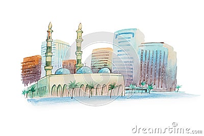 Aquarelle cityscape with mosque watercolor illustration Cartoon Illustration