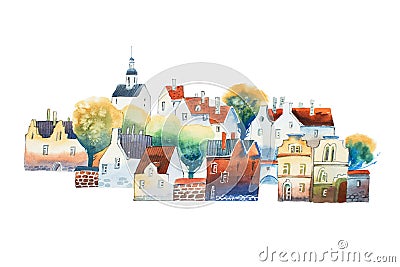 Aquarelle drawing in color of old European city center with traditional houses in summer Stock Photo