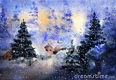 Aquarelle drawing of winter country landscape Stock Photo