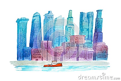 Aquarelle drawings cityscape skyline downtown watercolor illustration. Cartoon Illustration