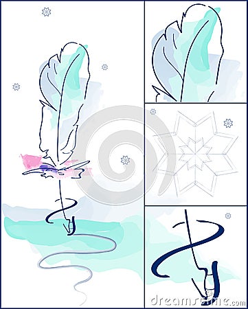 Aquarelle feather art with abstract ice skating set. Winter snowflake and blue red feather skate. Beautiful, gorgeous background Vector Illustration