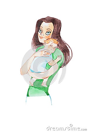 Aquarelle illustration of beautiful young mother holding her baby son hugging and lulling to sleep Cartoon Illustration