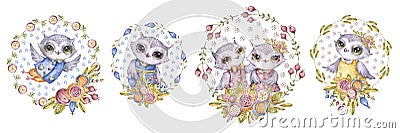 Aquarelle owls and flowers, set in childish style Stock Photo