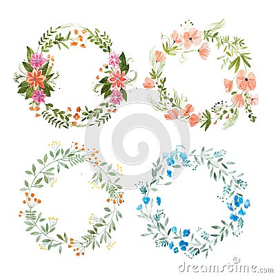 Aquarelle painting of floral wreath made of wild flowers isolated on white background Stock Photo