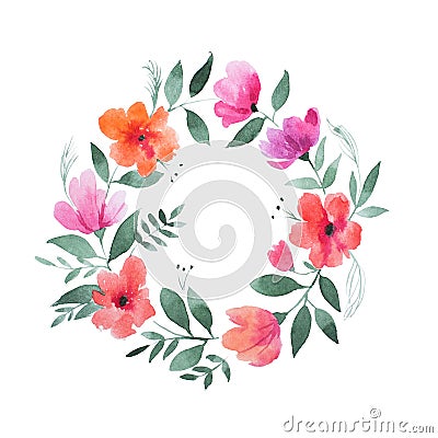 Aquarelle painting of floral wreath made of wild flowers isolated on white background Stock Photo