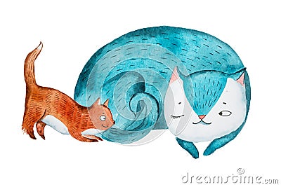 Aquarelle sketch of cartoon mother cat sleeping while her little kitten playing Stock Photo