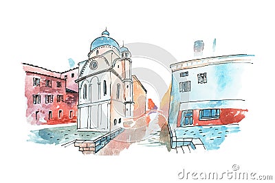 Aquarelle sketch of a street in Venice in Italy with white church and old houses Stock Photo