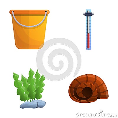 Aquaristic element icons set cartoon vector. Aquarium decoration and equipment Vector Illustration