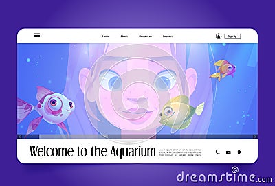 Aquarium banner with girl watching at cute fish Vector Illustration