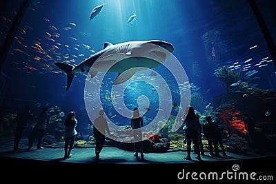 Aquarium enchantment, observers admire fish silhouettes, notably the Whale Shark Stock Photo