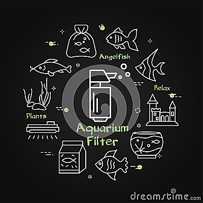 Aquarium filter linear vector concept. Outline white icons on dark background. Fish care illustration Vector Illustration