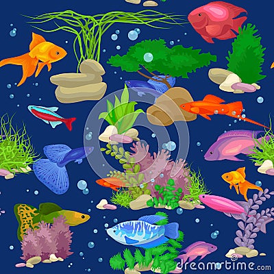 Aquarium fish, seaweed underwater seamless pattern vector illustration Vector Illustration