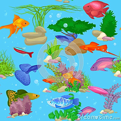 Aquarium fish, seaweed underwater seamless pattern vector illustration Vector Illustration