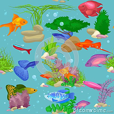 Aquarium fish, seaweed underwater seamless pattern vector illustration Vector Illustration