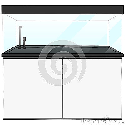 Aquarium Fish Tank and Cabinet sideboard, Clear Glass Fish Tank aquarium complete set. Aquarium with cover, base cabinet, filter Cartoon Illustration