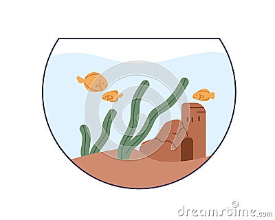 Aquarium with goldfishes swimming in water. Round glass fishbowl with gold fishes, seaweeds, sand castle. Home Vector Illustration