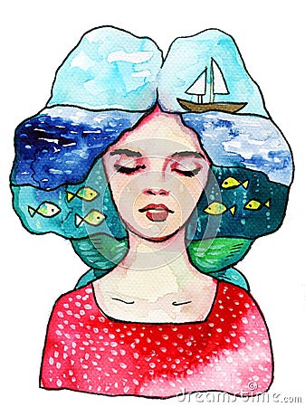 An aquarium illustration depicting a surreal portrait of a woman . Cartoon Illustration