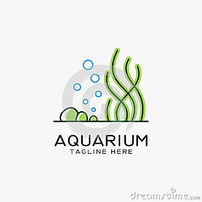 Aquarium logo design with seaweed lines Vector Illustration