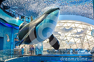 Aquarium on Russian island, many beautiful artificial fish decorate the interior inside the aquarium. Editorial Stock Photo