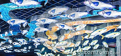 Aquarium on Russian island, many beautiful artificial fish decorate the interior inside the aquarium. Editorial Stock Photo