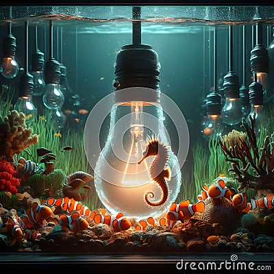 An aquarium with sea horse and clown fishs in a light bulb. Stock Photo