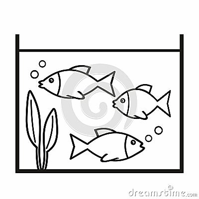 Aquarium with three fishes and aquatic plant, black vector illustration, contour drawing, web symbol Vector Illustration