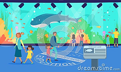 Aquarium, vector illustration. Family at underwater oceanarium, man woman with girl boy child look at cartoon ocean Vector Illustration