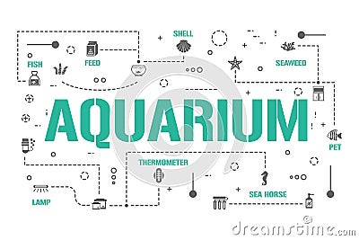 Aquarium word concepts banner. Shell, Fish, Coral and Seaweed. Marine Pet Care infographics. Presentation, website. UI UX idea. Cartoon Illustration