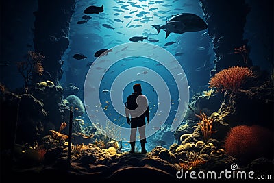 Aquariums aquatic world captivates a man in tranquil fascination Stock Photo