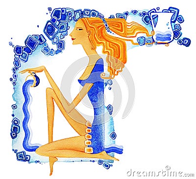 Aquarius. Young barefoot woman with red hair in a blue dress pours water from a cup as a symbol of the zodiac sign Aquarius. Stock Photo