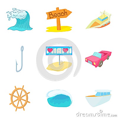 Aquatic adventures icons set, cartoon style Vector Illustration