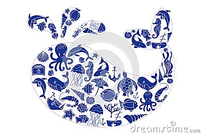 Aqatic creatures set whale Vector Illustration