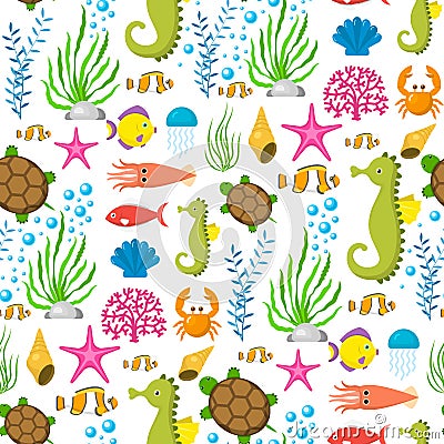 Aquatic funny sea animals underwater creatures cartoon characters shell aquarium sealife seamless pattern background Vector Illustration