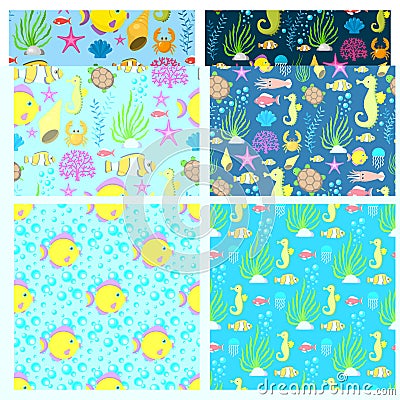 Aquatic funny sea animals underwater creatures cartoon characters shell aquarium sealife seamless pattern background Vector Illustration