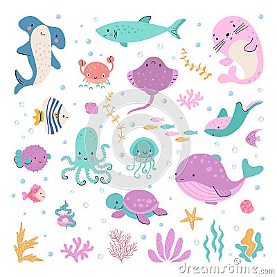 Aquatic sea life characters. Cartoon ocean animals, funny aquarium creature. Cute whale, shark octopus. Underwater Vector Illustration