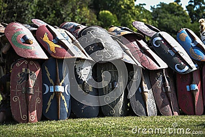 Roman legionaries in testudo defence formation Editorial Stock Photo