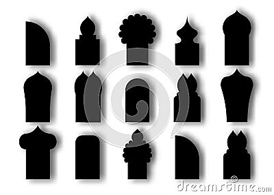 Set Arabic arch window and doors black icon. Traditional design and culture islamic windows. Vector flat style cartoon icons Vector Illustration