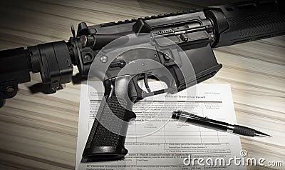 AR15 with public domain background check form from FBI Stock Photo
