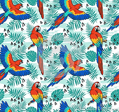 Ara parrot vector seamless pattern. Tropical fabric design with leaves and birds. Vector Illustration