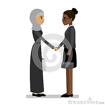 Arab and african american women shake hands Vector Illustration