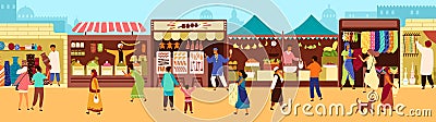 Arab or Asian outdoor street market, souk or bazaar. People walking along stalls, buying fruits, meat, traditional Vector Illustration