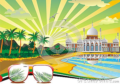 Arab beach. Arabic Palace on the coast. Vector Illustration