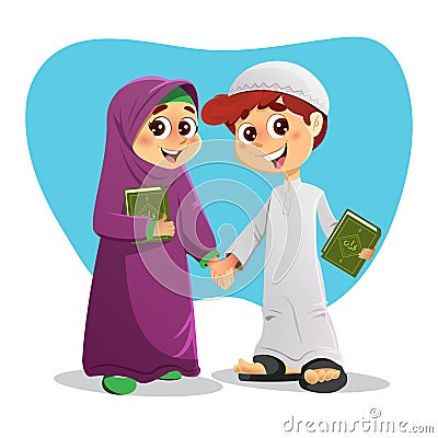 Arab Boy and Girl With Holy Quran Book Vector Illustration