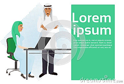 Arab Business Man Boss Standing At Businesswoman Secretary Working At Laptop Computer Vector Illustration