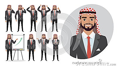 Arab business man. Male in suit experiences different emotions. Set of emotions and poses Vector Illustration