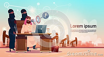 Arab Business Man Working WIth Laptop Computer Pumpjack Oil Rig Crane Platform Background Wealth Concept Vector Illustration