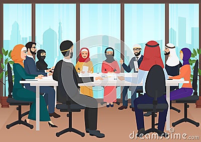 Arab business people discussing meeting modern office desk. Muslim conference flat cartoon vector Illustration. Vector Illustration